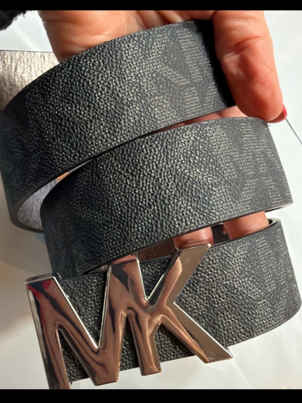 Michael Kors Black Gray BELT Silver Shiny MK Hook buckle classic Womens M 32-36”